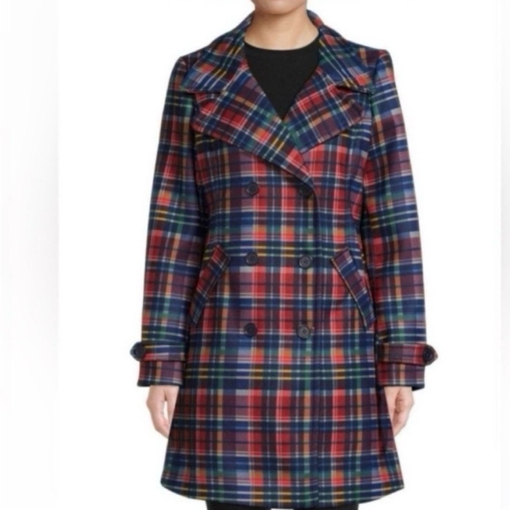 Time and Tru Navy Multi Plaid Doublebreasted Faux Wool Peacoat - Medium - NWT